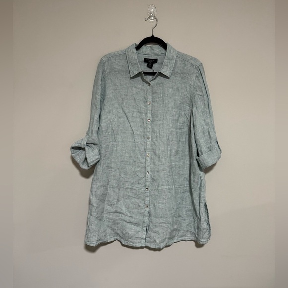 Tahari Light Green Linen Button Down Tunic Top Size 1X Lagenlook Resort NWT - Picture 1 of 10